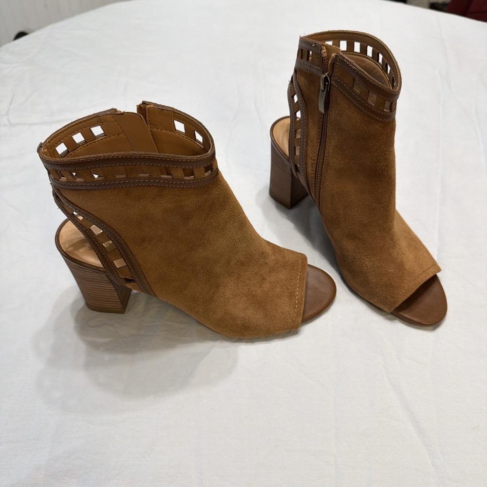 Franco Sarto Women's Greenwich Leather Heeled Peep Toe Ankle Boots Size 9 M Boho